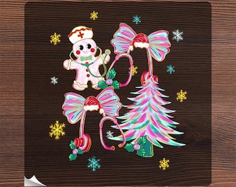 Preppy Christmas Nurse Ready to Press, Pink Nurse Holiday Heat Transfer, Stethoscope Christmas Nurse Crew DTF, Brushstroke Xmas Tree Iron On