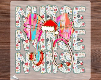 Preppy Christmas Nurse Ready to Press, Colorful Stethoscope Bow Nurse Holiday Heat Transfer, Faux Glitter Floral Lace Border Nurse Crew DTF