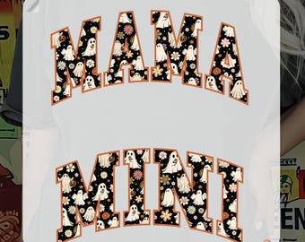 Floral Mama & Mini Halloween Varsity Letters DTF Transfers, Halloween Mommy Me Matching Heat Press, Retro Mama Mini Ghost Family Iron On