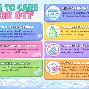 May include: An infographic with care instructions for DTF transfers. The image features colorful rectangular boxes with text and icons, including washing instructions, detergent use, and ironing advice. The background is light blue with bubbles.