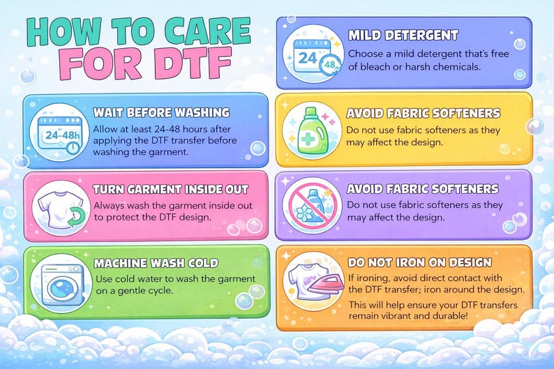 May include: An infographic with care instructions for DTF transfers. The image features colorful rectangular boxes with text and icons, including washing instructions, detergent use, and ironing advice. The background is light blue with bubbles.