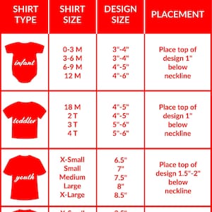 May include: A red and white chart titled "HEAT TRANSFER VINYL sizing and placement chart." It details shirt types, sizes, design sizes, and placement instructions for infant, toddler, youth, and adult shirts. Design sizes are in inches.