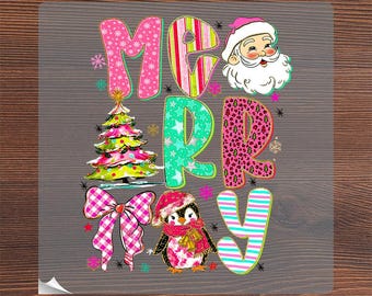 Preppy Merry Christmas Ready To Press, Pink Santa Heat Transfer, Christmas Tree Coquette Bow Iron on, Pink Faux Brushstroke Xmas DTF