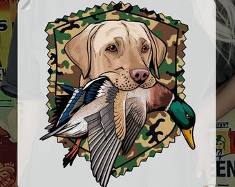 Hunting Dog Ready To Press, Duck Hunting Heat Transfer, Hunting Dog With Duck Iron On Decal, Camo Duck Hunting DTF, Hunting Season DTF Print