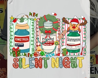 Retro Silent Night Nurse Christmas Ready to Press, Xmas Nurse Heat Transfer, Nurse Crew Holiday Lights Iron On, Funny Medical Christmas DTF
