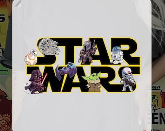 May include: White DTF transfer featuring the Star Wars logo with characters like Darth Vader, Yoda, and R2-D2. The text "READY TO PRESS" and "DTF TRANSFER" are displayed in green.