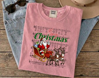 Retro Merry Christmas Santa Ready to Press, Christmas Music Notes Heat Transfer, Santa Reindeer Sleigh Cold Peel DTF, Nostalgic Xmas Iron On