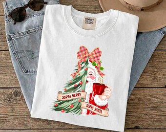 Sorta Merry Sorta Santa Ready To Press, Matching Christmas Santa Iron on, Preppy Xmas Tree Bow Heat Transfer, Red Plaid Coquette Holiday DTF