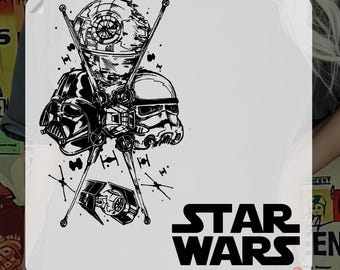 May include: A black and white design featuring Star Wars characters, including Darth Vader, a Stormtrooper, and the Death Star, with the text "STAR WARS" and "DTF TRANSFER" below. The design is on a white background and is ready to be pressed onto a t-shirt.