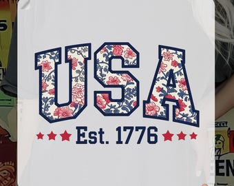Vintage Floral USA 1776 Ready To Press, 4th of July Iron On, Independence Day Heat Transfer, America Est 1776 Dtf, Patriotic Womens USA Dtf
