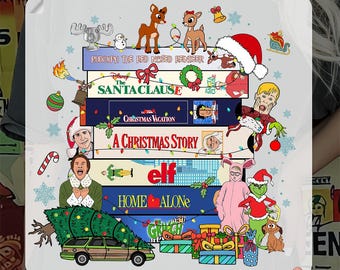 May include: A DTF transfer featuring a stack of Christmas movie titles and characters, including "Rudolph the Red Nosed Reindeer," "The Santa Clause," and "Home Alone." The words "READY TO PRESS" and "DTF TRANSFER" are also displayed.