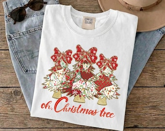 Oh Christmas Tree Ready to Press, Faux Glitter Xmas Heat Transfer, Plaid Pattern Christmas Bow Iron On, Girls Christmas Coquette DTF Print
