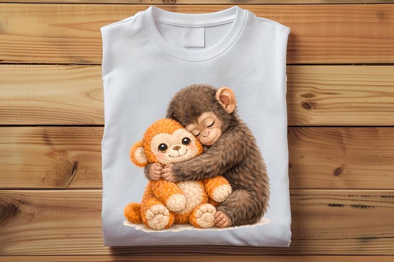 Op de afbeelding: Wit T-shirt met een aquarel illustratie van twee knuffelende apen. De ene aap is bruin en harig, de andere is oranje en pluche. Het ontwerp is gecentreerd op het shirt.