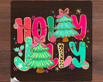Preppy Holly Jolly Christmas Ready To Press, Faux Paint Xmas Coquette Bow Tree Heat Transfer, Christmas Tree Bow DTF, Women's Xmas Iron on
