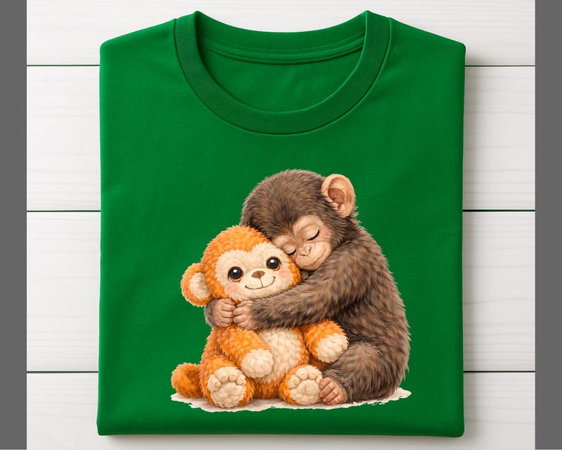 Op de afbeelding: Groen t-shirt met een cartoon illustratie van twee knuffelende apen. E&eacute;n aap is bruin, de andere oranje. De afbeelding toont de apen op een witte achtergrond.