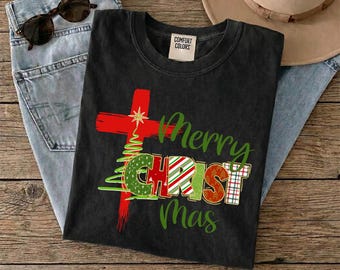 Merry Christmas Cross DTF, Christian Christmas Ready To Press, Jesus Christmas Heat Transfer, Faux Glitter Xmas Iron on, Jesus Holiday DTF