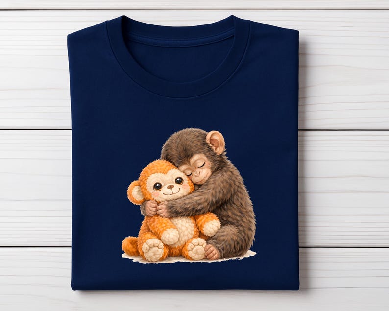 Op de afbeelding: Marineblauwe crewneck t-shirt met een aquarel illustratie van twee knuffelende apen. E&eacute;n aap is bruin, de andere oranje. Het ontwerp is gecentreerd op het shirt, dat is gemaakt van een zacht materiaal.