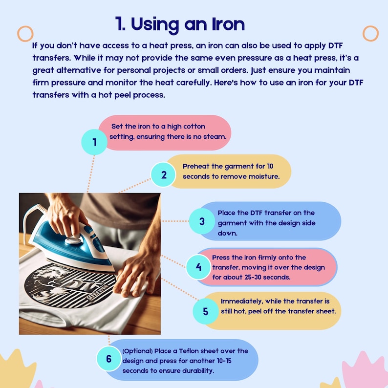 May include: A step-by-step guide on using an iron for DTF transfers. The image shows an iron being used on a white t-shirt with a graphic design. Instructions include setting the iron, preheating the garment, and pressing the transfer.