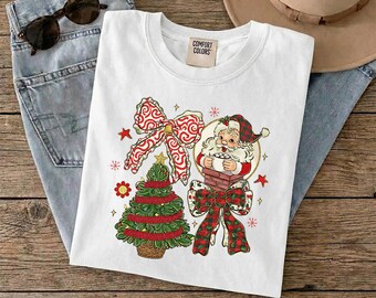 Preppy Christmas Ready to Press, Retro Santa Xmas Heat Transfer, Plaid Pattern Christmas Bow Iron On, Girls Christmas Coquette DTF Print