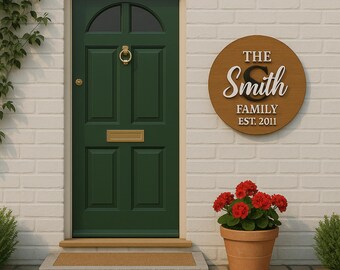 May include: A dark green front door with a brass knocker and a welcome mat. A round wooden sign with "The Smith Family Est. 2011" hangs on the white brick wall. A terracotta pot with red flowers sits below.