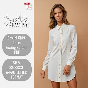 Patrón de costura de vestido camisero informal en PDF, vestido de cóctel, vestido de aniversario, adecuado para EE. UU., formato carta A4-A0, XS-4XL