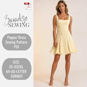 May include: A light yellow Pepper Dress with a floral pattern. The dress has a square neckline and a flared skirt. The image also includes text that reads "Paradise Sewing", "Pepper Dress Sewing Pattern PDF", and "SIZE: XS-XXXXL A4-AO-LETTER FORMAT".