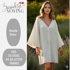 Op de afbeelding: Een vrouw draagt een witte jurk met knopen en wijde mouwen. De jurk heeft een V-hals en komt tot de knie. De afbeelding bevat de tekst "Rosalie Dress" en "SIZE: XS-XXXXL A4-AO-LETTER FORMAT". Het logo "Baradise SEWING" is ook zichtbaar.