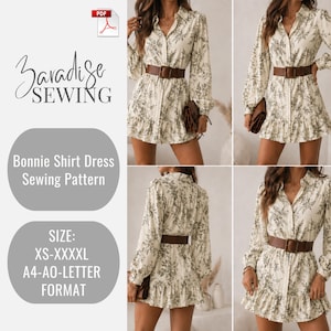 Op de afbeelding: Crèmekleurig Bonnie-shirtjurk naaipatroon met een bloemenprint, lange mouwen en een gefranjerde zoom. De jurk is in de taille getailleerd met een bruine riem. De tekst "Bonnie Shirt Dress Sewing Pattern" en maatdetails zijn ook zichtbaar.