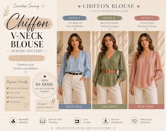 Patrón de costura para camisa de gasa con cuello en V: manga larga, corte holgado (XS-4XL) (PDF) ZR-023