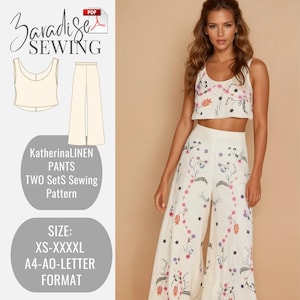 Może przedstawiać: Kremowy lniany zestaw spodni i topu z kwiatowym haftem. Obraz zawiera wzór szycia z tekstem "KatherinaLINEN PANTS TWO Sets Sewing Pattern" oraz zakres rozmiarów "XS-XXXXL". Wskazany jest również format PDF.