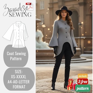 May include: A gray coat with flared sleeves and a unique asymmetrical hem is modeled. The image also features a coat sewing pattern, with size options from XS to XXXXL, and includes three free patterns. The text "Zaradise Sewing" is at the top.