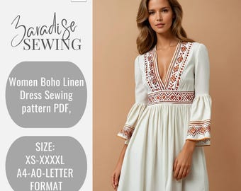 Women Boho Linen Dress Sewing Pattern, Cottagecore Dress,Celtic Dress, Medieval Boho Dress, Gathered Dress, Flare Sleeve Dress