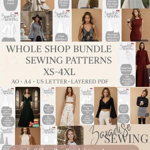 Puede incluir: Una colección de patrones de costura de Zaradise Sewing, con varios diseños de vestidos y tops. La imagen incluye el texto "Whole Shop Bundle Sewing Patterns XS-4XL" y "Full Shop Bundle - Lifetime Access". Los patrones están disponibles en formatos AO, A4, US Letter y Layered PDF.