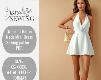 Anmutiges Neckholder Kleid mit Ausschnitt Mini Kleid Schnittmuster: Sommer Kleid mit V-Ausschnitt (Digitaler Download) ZR-041