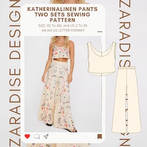 Patrón de costura de conjunto de lino Katherina, pantalones de lino, pantalones cortos de lino, conjunto Bali, conjunto de maíz, conjunto de dos piezas, formato carta-A4-A0 PDF