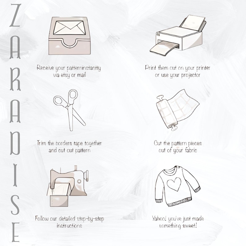 May include: An illustrated guide with the word "ZaradiSe" vertically on the left. The guide shows steps for a sewing project: receiving a pattern, printing, trimming, cutting fabric, sewing, and the final product.