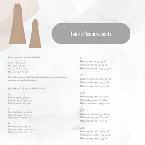May include: A beige dress with a halter neckline and a button-down back is displayed. The image also includes a size chart with body measurements in inches and centimeters, and fabric requirements for different sizes.