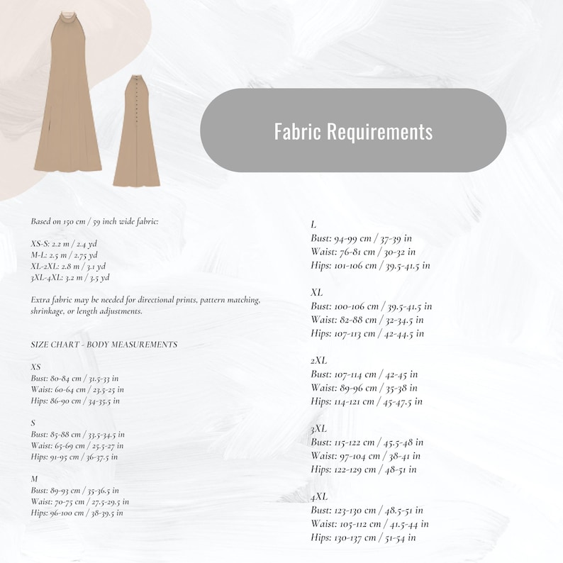 May include: A beige dress with a halter neckline and a button-down back is displayed. The image also includes a size chart with body measurements in inches and centimeters, and fabric requirements for different sizes.