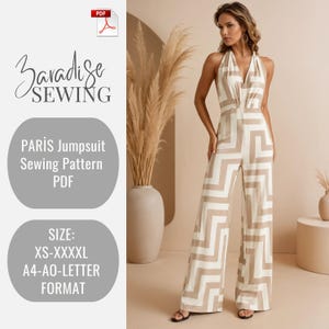 Puede incluir: Una mujer con un mono de cuello halter con un patrón geométrico en beige y blanco. La imagen también presenta el texto "Paradise Sewing", "PARIS Jumpsuit Sewing Pattern PDF" e información de tallas.