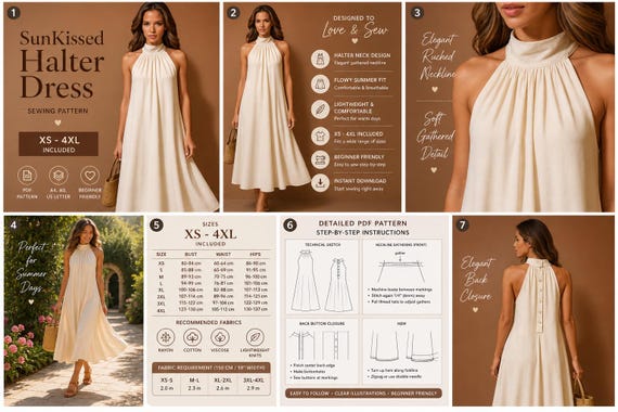 SunKissed Halter Midi Dress Sewing Pattern | Beginner Friendly, Flowy Summer Fit (PDF Download)