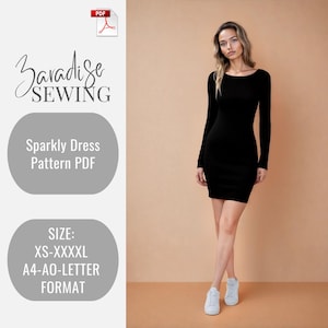 May include: A digital download pattern for a sparkly dress. The pattern is available in sizes XS-XXXXL and comes in A4, AO, and Letter format.
