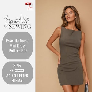 May include: A digital download pattern for a sleeveless mini dress in a dark grey colour. The pattern is available in sizes XS-XXXXL and in A4, AO, and Letter format. The pattern is for a simple, fitted dress with a scoop neckline.