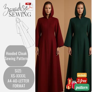 51. Hooded Cloak Sewing Pattern:Full-Length Medieval Renaissance Cape|Fantasy Costume PDF Pattern | Women's Sizes XS-4XL (A0 A4 US Letter)
