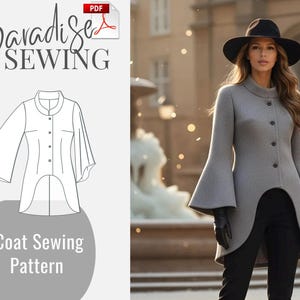 Op de afbeelding: Een PDF-naaipatroon voor een grijze jas met een high-low zoom, klokmouwen en een opstaande kraag. Het patroon bevat een technische lijntekening van de jas en de tekst Zaradise SEWING Coat Sewing Pattern op een witte achtergrond.