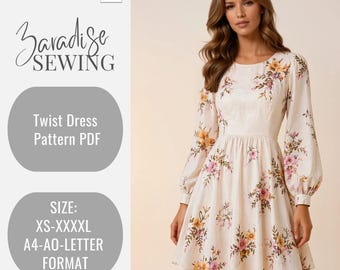 Patrón de vestido Twist, Patrón de costura para vestido de mujer, Patrón PDF de vestido de lino para principiantes, Patrón PDF de costura para vestido con mangas obispo, Patrón ZR055
