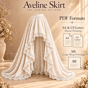 May include: A beige Aveline Skirt PDF sewing pattern featuring a high-low hemline with intricate lace trim. The text includes Aveline Skirt, PDF Sewing Pattern, PDF Formats, A4 & US Letter: Home Printing, and A0: Copy Shop Printing.