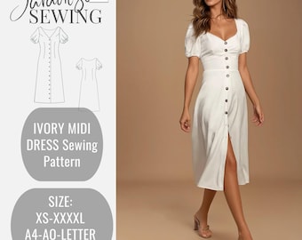 Elfenbeinfarbenes Midikleid Schnittmuster,Cottagecore Kleid, Abendkleid, Kleid mit Puffärmeln, Ausgestelltes Kleid, PDF Digitales Schnittmuster No-ZR04