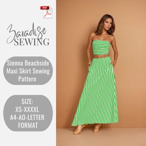 May include: A green and white striped two-piece outfit, consisting of a bandeau top and a maxi skirt. The image also displays text that reads "Paradise Sewing" and "Sienna Beachside Maxi Skirt Sewing Pattern". The pattern sizes range from XS to XXXXL.