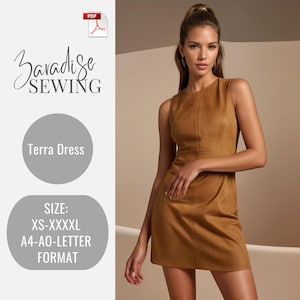 Op de afbeelding: Een mouwloze, bruin gekleurde jurk met een getailleerd silhouet. De jurk heeft een ronde halslijn en een op maat gemaakt ontwerp. De afbeelding bevat ook de tekst "Paradise Sewing", "Terra Dress" en maat informatie in XS-XXXXL, A4-AO-LETTER FORMAT.