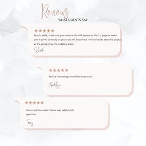 May include: A digital graphic with the word "Reviews" in a cursive font, and the phrase "WHAT CLIENTS SAY". Three customer reviews are displayed in speech bubbles, each with a five-star rating and a short testimonial. The reviews are in a soft pink color.